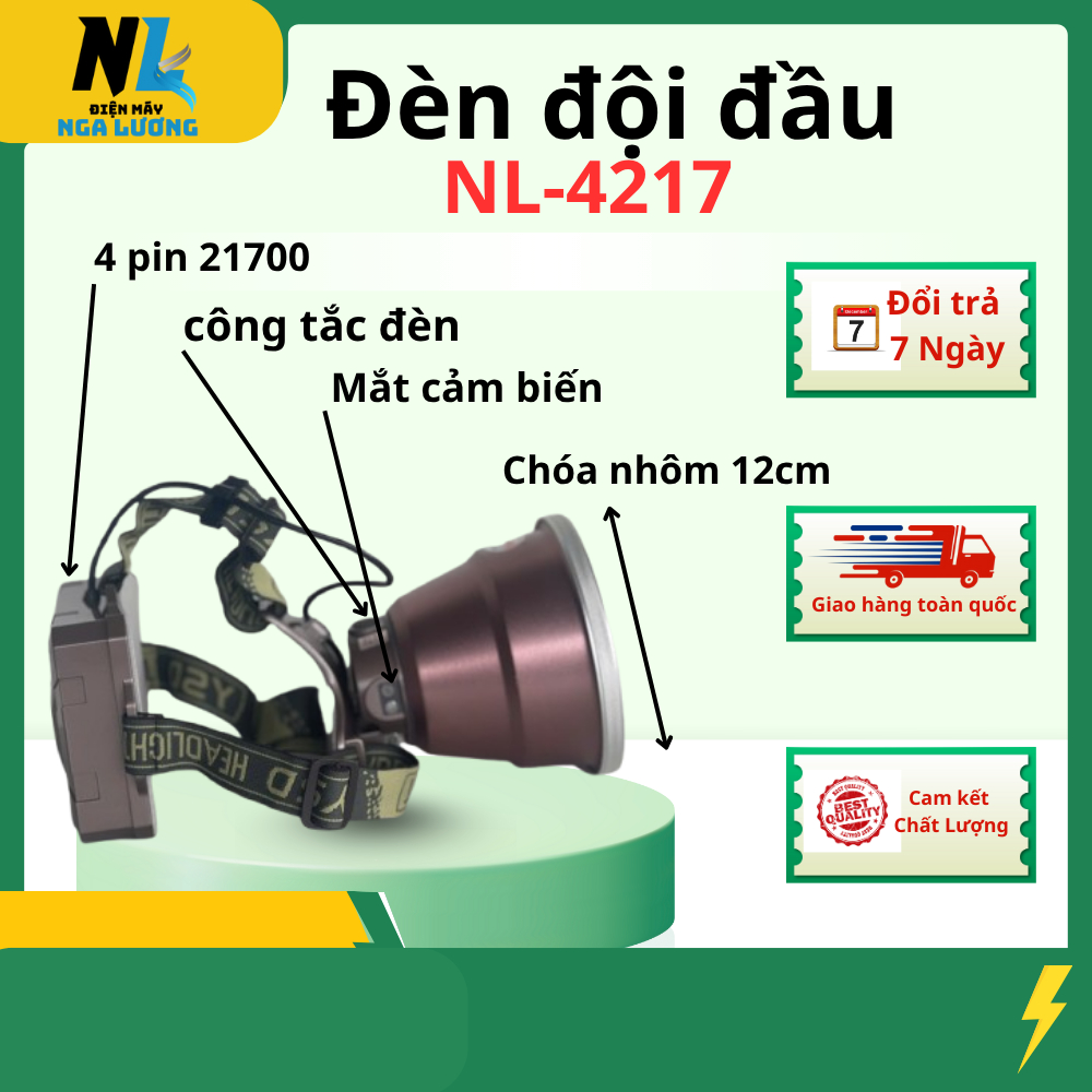 NL-4217 đèn đội đầu siêu sáng chuyên đi rừng , soi nấm mối , chóa nhôm 12cm , sáng tỏa , 4 pin 21700