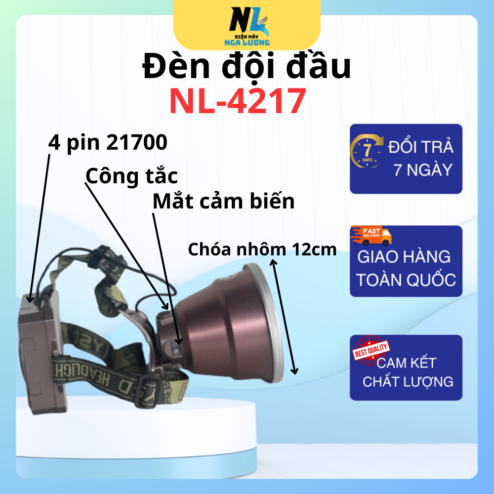 NL-4217 đèn đội đầu siêu sáng pin trâu đi rừng , soi nấm mối , chóa nhôm 12cm sáng tỏa ,4 pin 21700 