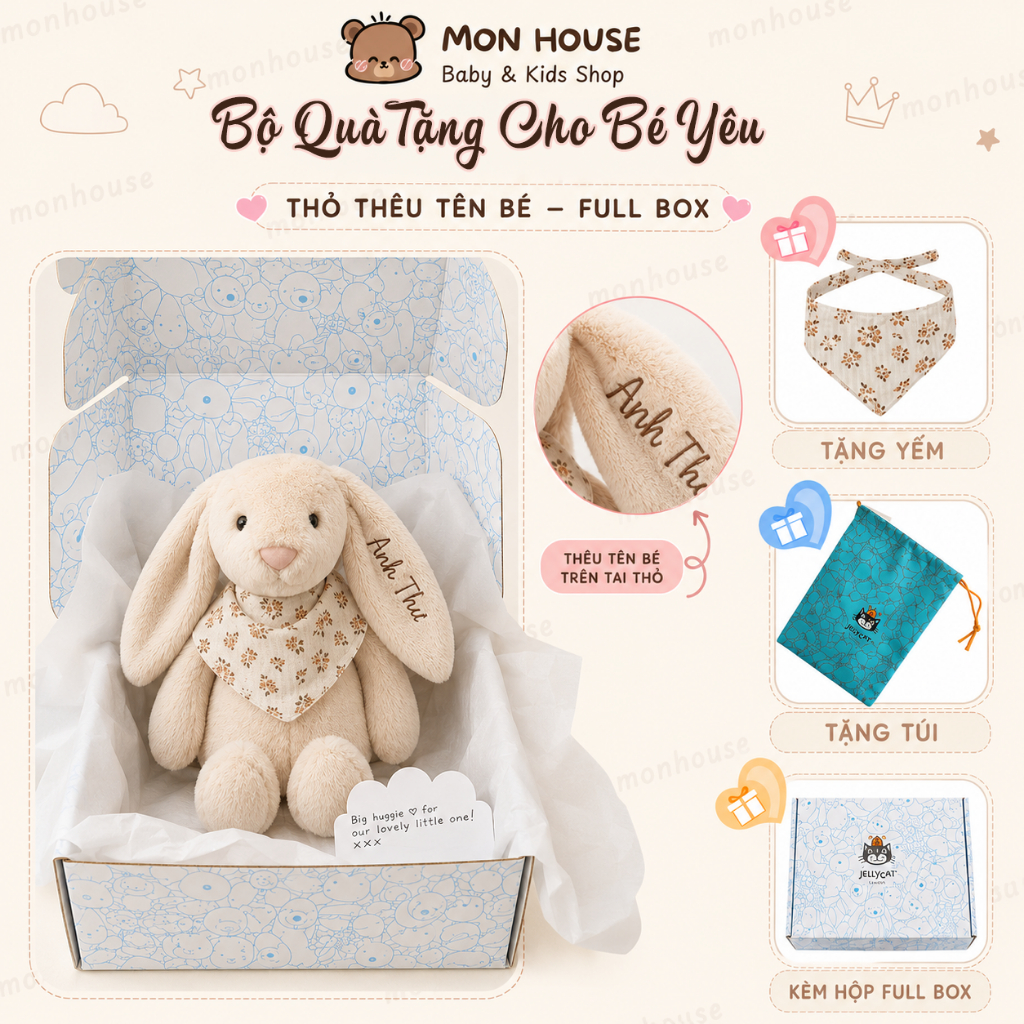 [Full Box Thỏ 40cm] Thỏ bông lông mềm thêu tên cho bé theo yêu cầu, Món quà ý nghĩa, thỏ jellycat th