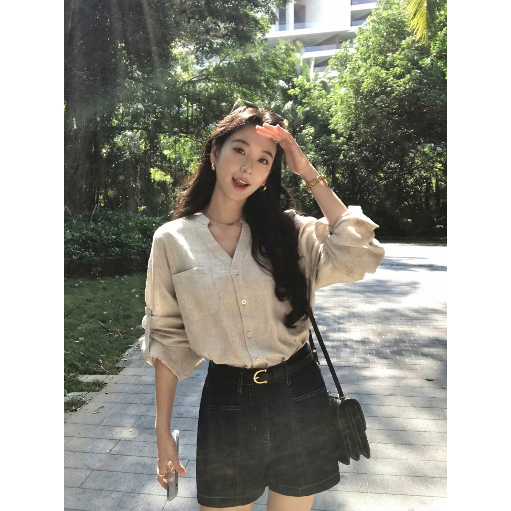 𝗗𝗼𝗸𝘂 𝗟𝗶𝗻𝗲𝗻 -|BEELY| - Áo sơ mi Linen cổ V
