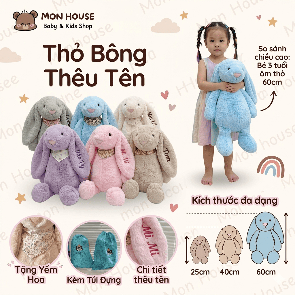 [Thỏ Thêu Tên Kèm Túi Dustbag] Thỏ bông lông mềm thêu tên cho bé theo yêu cầu, quà tặng ý nghĩa, thỏ