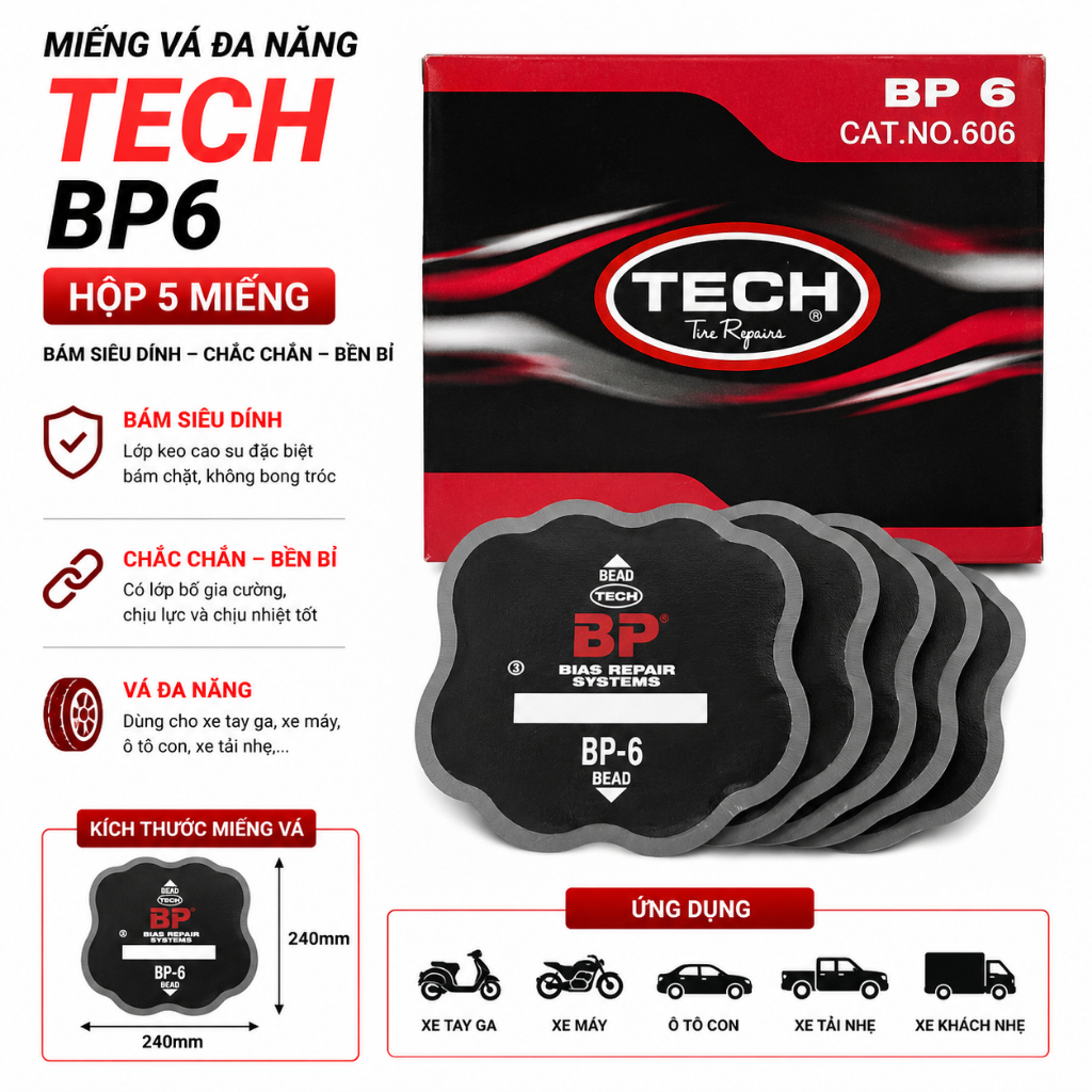 Miếng Vá TECH BP6 240x240mm – Hộp 5 Miếng Vá Lốp Xe Tải, Ô Tô Lỗ Lớn Chính Hãng USA