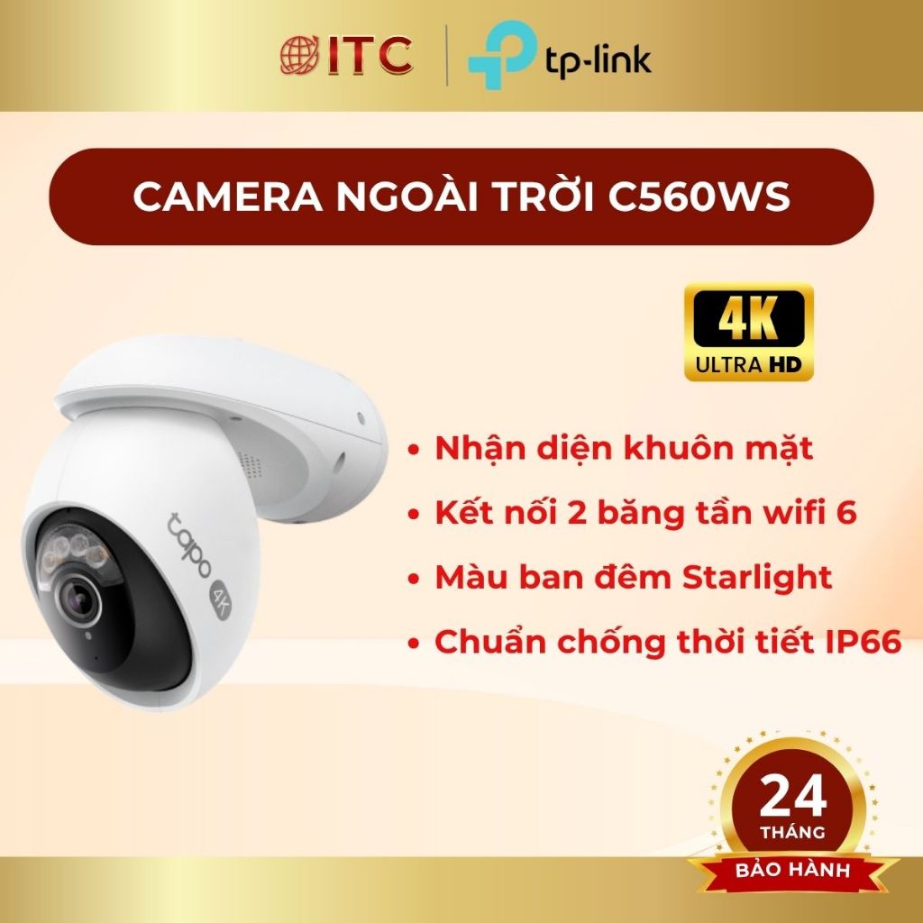 Camera Wifi 4K 8M TP-Link Tapo C560WS Hỗ trợ chấm công màu đêm thông minh Starlight nhận diện khuôn 