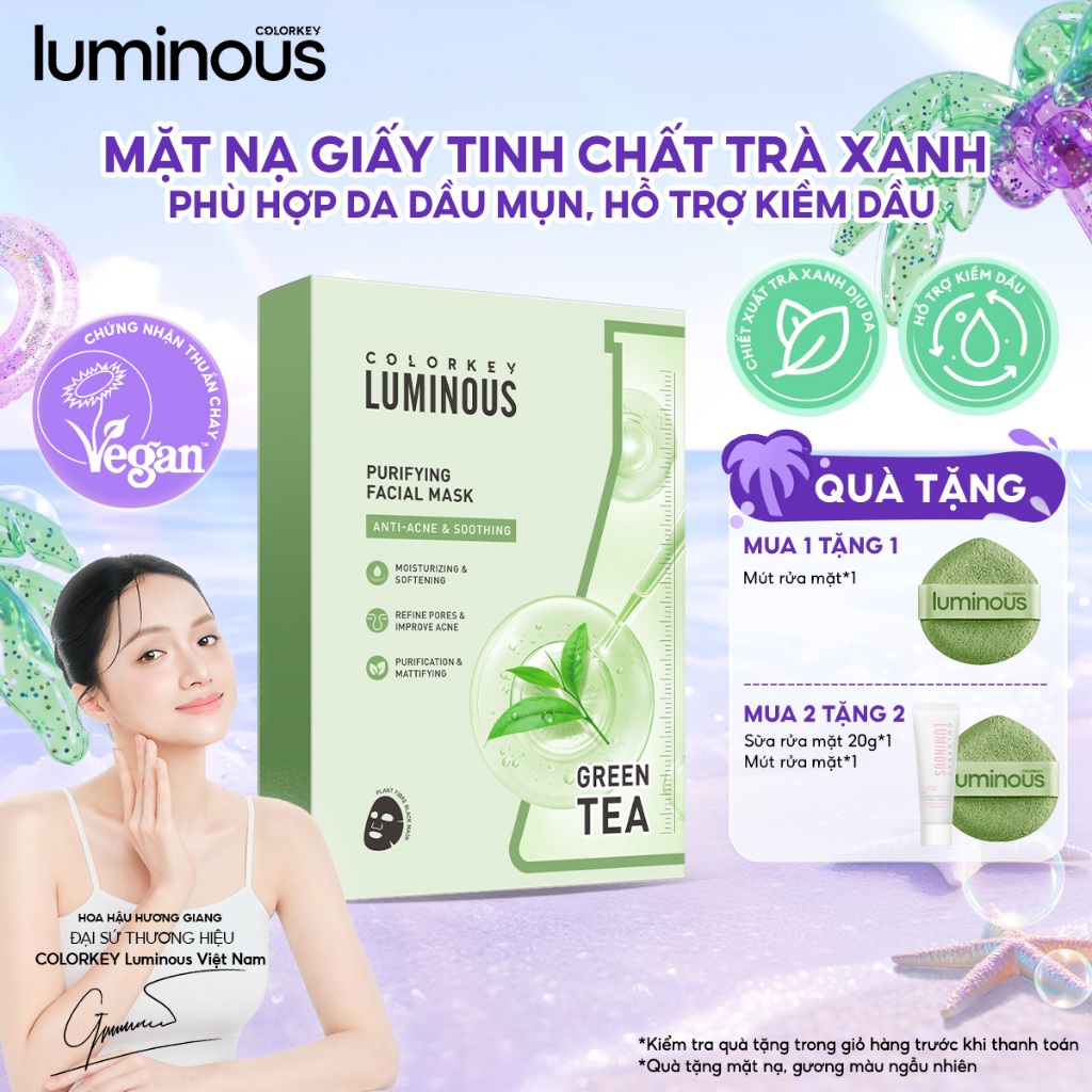 1 Hộp 10 Miếng Mặt nạ giấy trà xanh BHA| COLORKEY LUMINOUS| Hỗ Trợ Giảm Mụn, Giảm Sưng Đỏ (25ml x 10 Miếng)