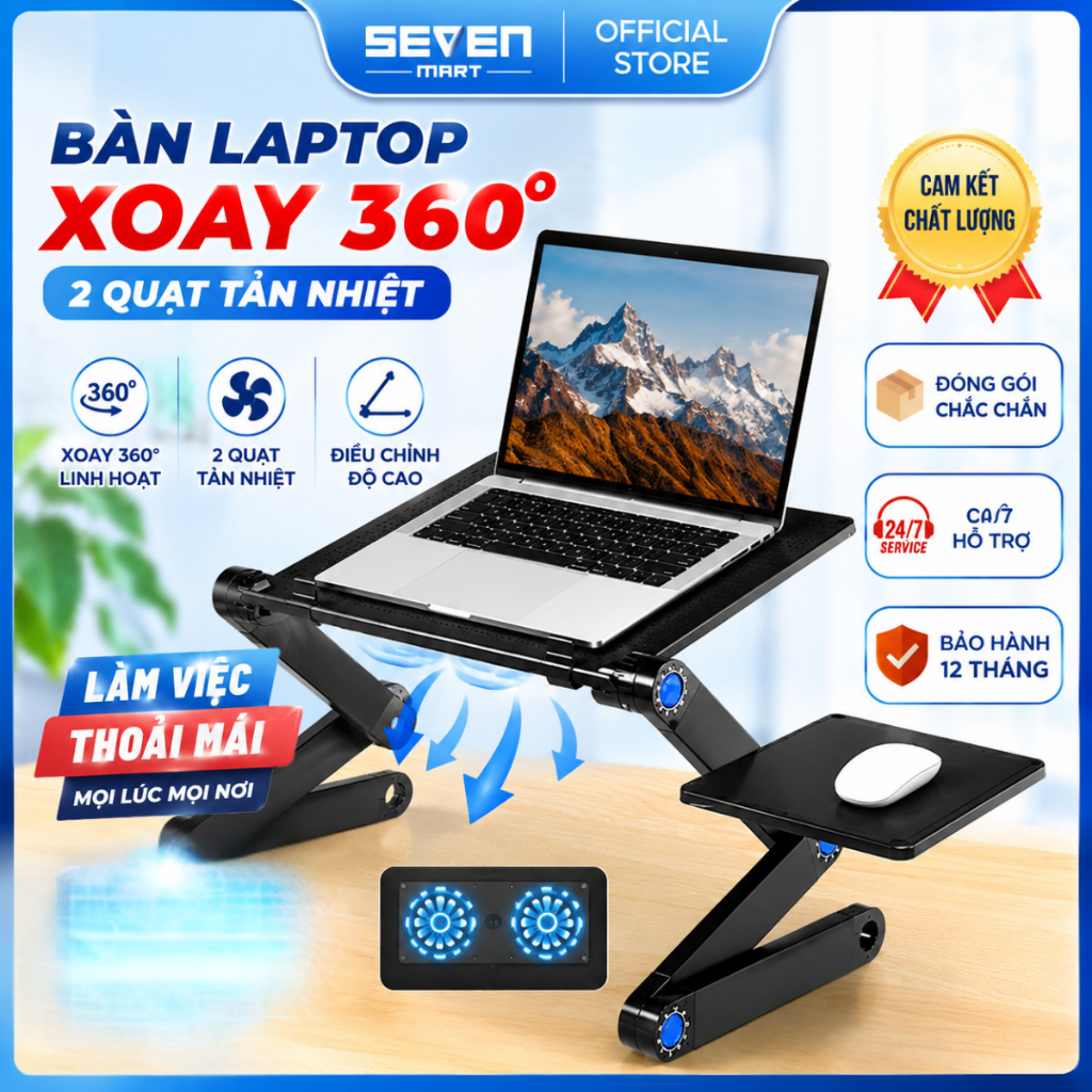 Bàn Laptop Xoay 360 Độ Để Mọi Tư Thế Có 2 Quạt Tản Nhiệt Chính Hãng Hakasaki