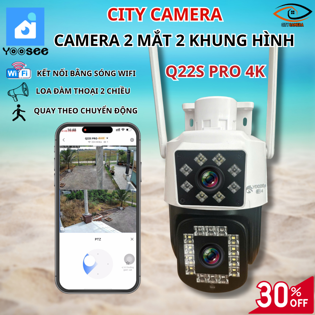 Camera 2 Mắt Yoosee Q22S model nâng cấp, độ phân giải 4K, hỗ trợ quay ban đêm led chiếu xa
