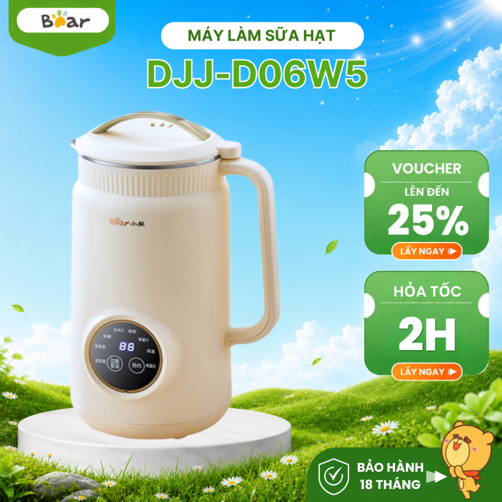 Máy làm sữa hạt Bear DJJ-D06W5 (SMM-4H06S), 1L, 800W, 8 Chế độ nấu, Lưỡi 10 cánh,Hẹn giờ,BH 18 Tháng
