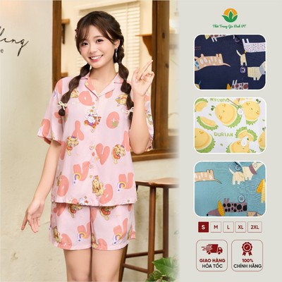 Bộ pijama lanh nữ Việt Thắng quần đùi áo cộc tay họa tiết dễ thương mặc nhà mát mẻ B03.6107