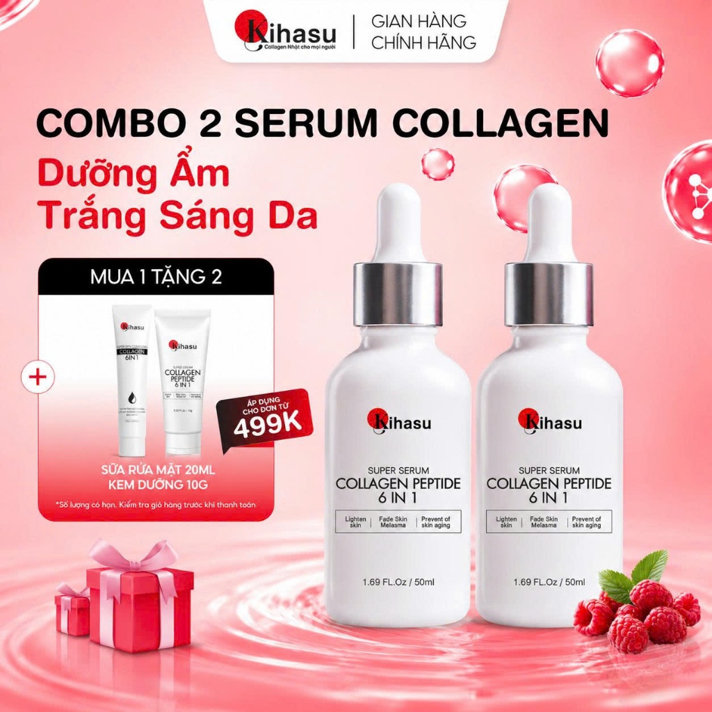 Combo 2 Serum Collagen Kihasu Cho Da Xỉn Màu Dưỡng Sáng, Cấp Ẩm, Làm Đều Màu Da