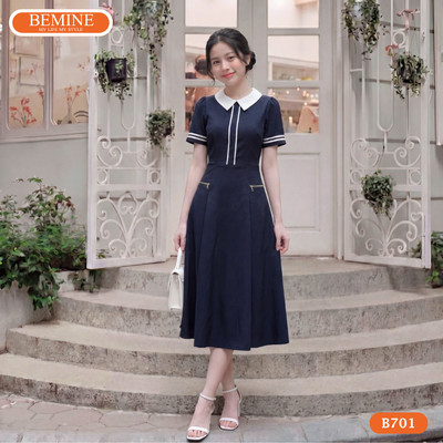 Đầm thiết kế BEMINE cổ đức phối viền trắng dáng chữ A phù hợp đi làm-B701