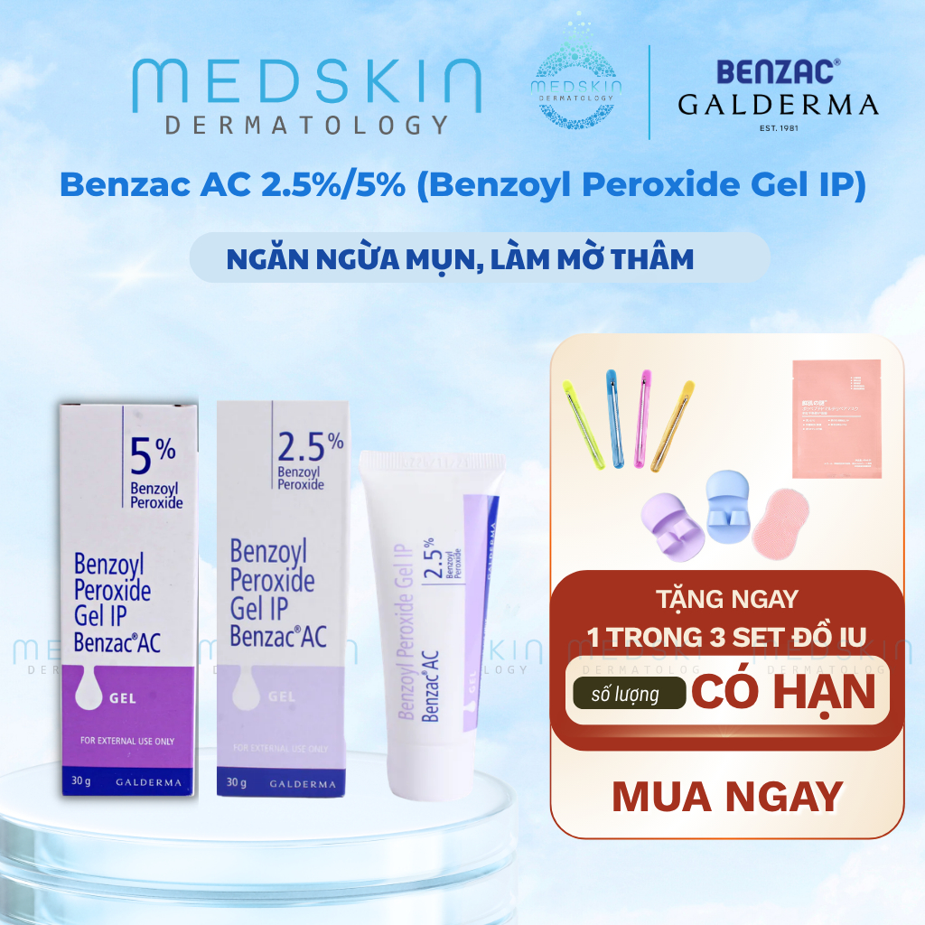 Benzac AC 2.5%/5% (Benzoyl Peroxide Gel IP) - Benzac Ấn, Gel Chấm Mụn, Mụn Trứng Cá, Sưng Tấy (Tuýp 30g)