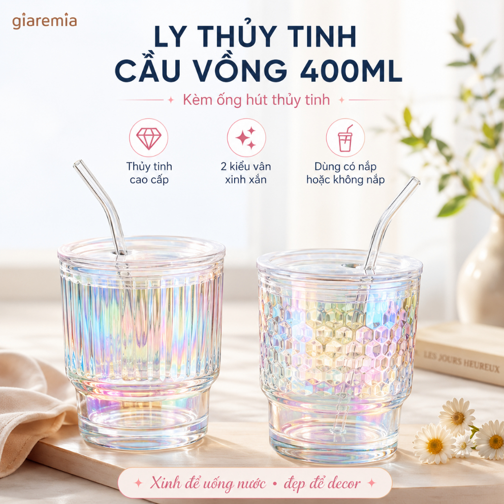 Ly thủy tinh cầu vồng giá tốt, ly thủy tinh đẹp cao cấp hàng vinamilk