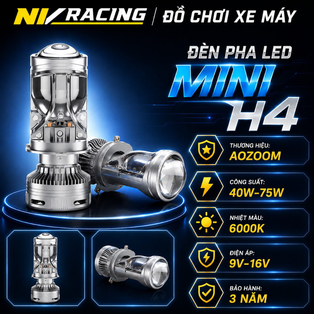 Aozoom Mini H4, Đèn Pha Bi LED Aozoom Mini H4 75W Ánh Sáng Siêu Khủng Cho Xe Máy Và Ô Tô - BH 3 Năm