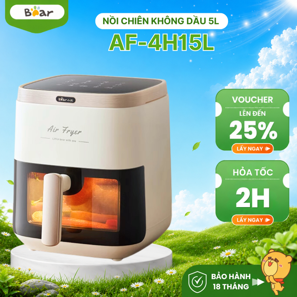 Nồi Chiên Không Dầu 5L Bear AF-4H15L (QZG-P15R8)-1500W- Màn hình hiển thị, chịu nhiệt- BH 18 tháng