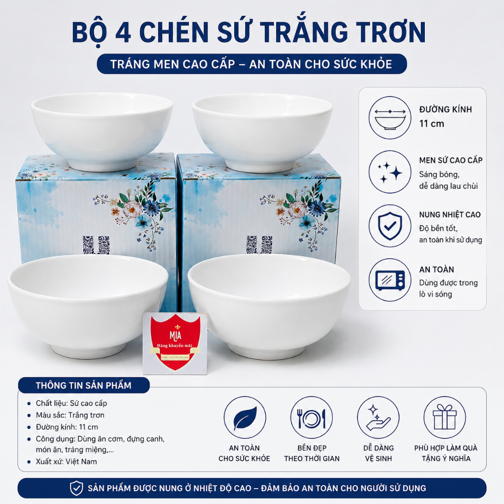 Bộ 4 Chén Sứ (Bát Sứ) Trắng Trơn - Tráng Men Cao Cấp - Chén Sứ, Chén Cơm, Bát Ăn Cơm