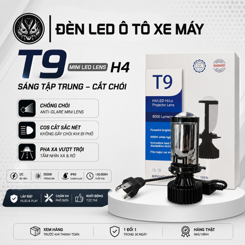 Pha đèn led bi cầu mini T9, tăng sáng cho xe máy, ô tô chân H4, bản cao cấp 2026