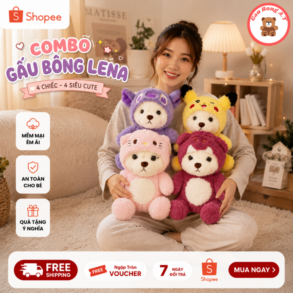 Gấu Bông Lena Chính Hãng Cao Cấp.Thú Nhồi Bông Lena Cosplay Mèo Hồng, Pikachu, Stich, Gấu dâu