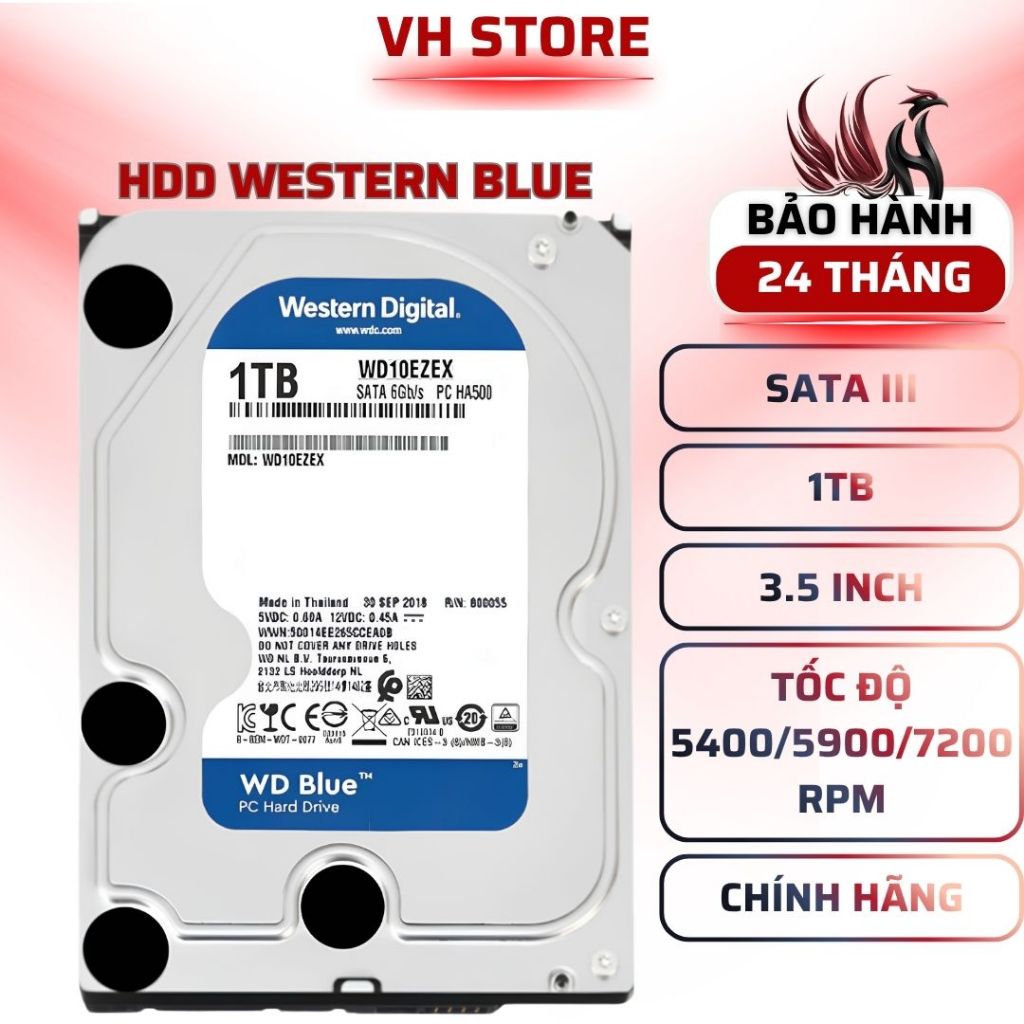 Ổ Cứng HDD WD 1TB CHÍNH HÃNG 7200RPM 64MB SATA 3 3.5 Inch - BẢO HÀNH 24 THÁNG - VHSTORE