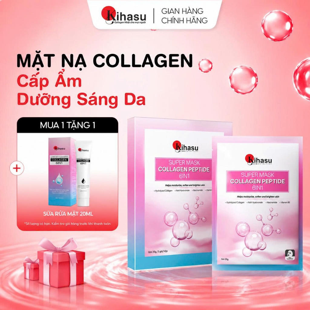 Mặt Nạ Collagen Peptide 6in1 Kihasu Dưỡng Ẩm Sâu, Phục Hồi, Trẻ Hóa, Dưỡng Da Trắng Sáng Mịn Màng