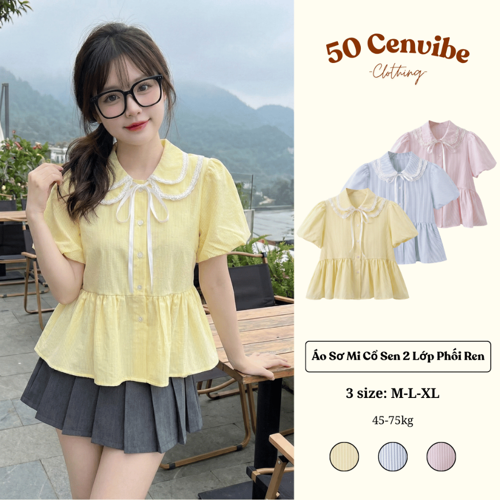 Áo Sơ Mi Nữ Dáng Babydoll Cổ Sen 2 Lá Phối Ren Cộc Tay Có Bigsize 45-75kg Phong Cách Korea (50 Cenvi