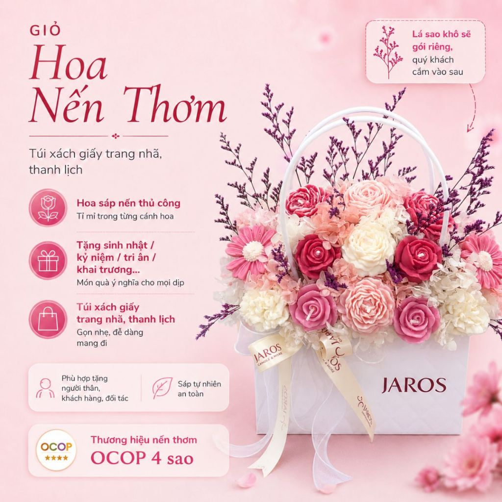 Giỏ Hoa Nến Thơm JAROS Candle Mùi Hương Lành Tính – Quà Decor Sang Trọng Độc Đáo