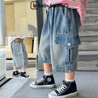 Quần jeans lửng cho bé BabyloveGO quần short bé trai túi hộp vải demin mềm nhẹ thoáng mát