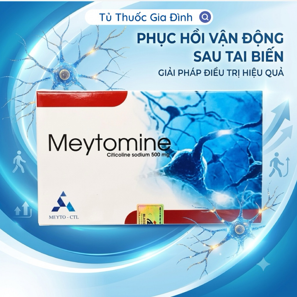 Viên uống Meytomine 500mg Citicoline hỗ trợ phục hồi vận động sau tai biến hộp 2 vỉ x 10 viên