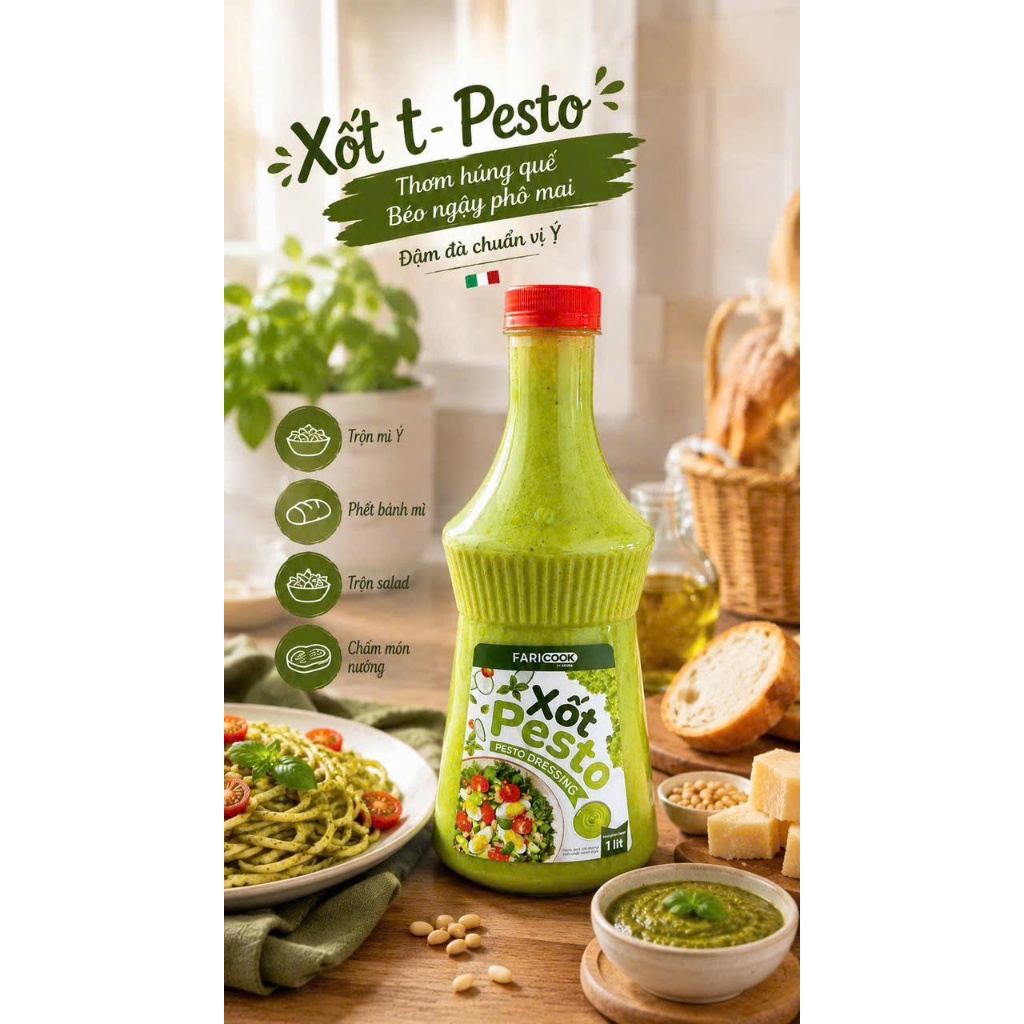 Sốt Pesto 1kg Chuyên Quán Ăn Nhà Hàng – Sốt Lá Húng Tây Chuẩn Vị Ý Cho Pasta Pizza