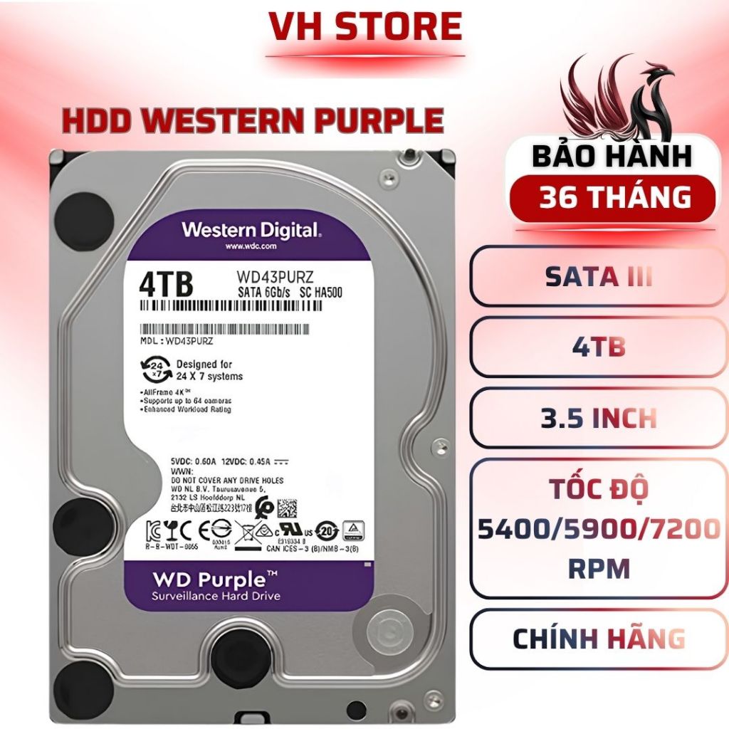 Ổ Cứng HDD WD Purple 4TB SATA 3 CHÍNH HÃNG - BẢO HÀNH 36 THÁNG - VHSTORE