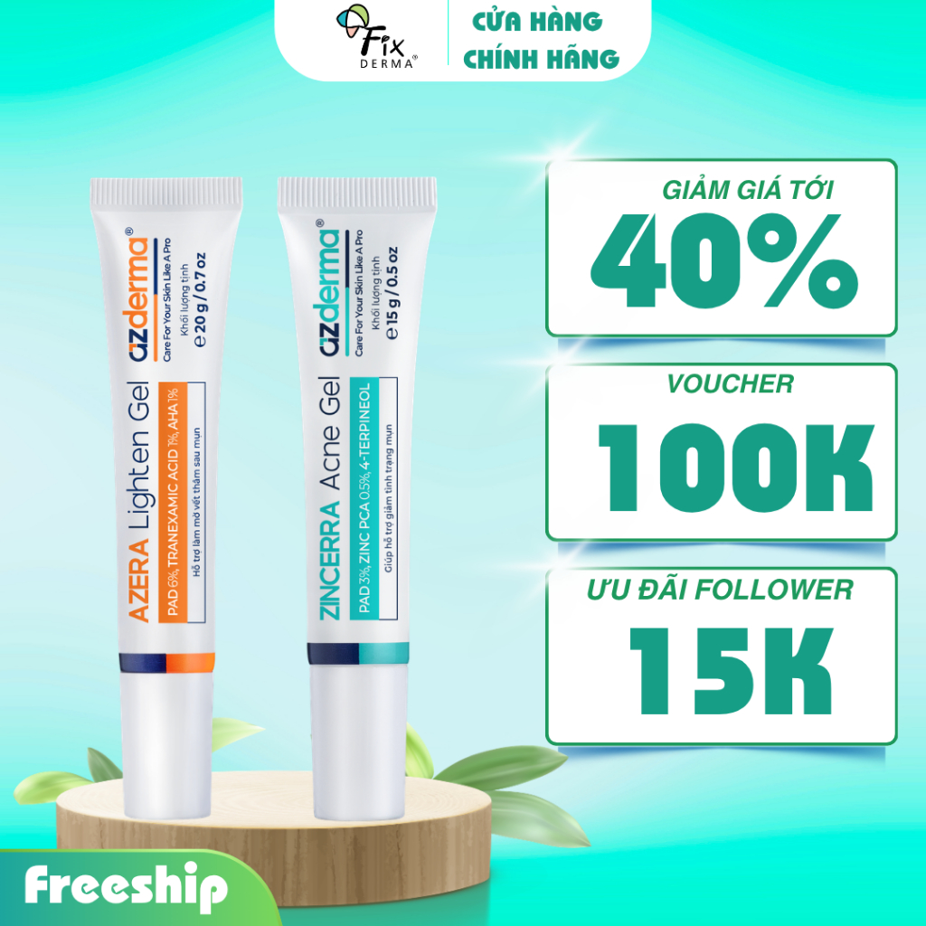 Combo Hỗ Trợ Giảm Mụn Thâm Azderma Zincerra Acne Gel 15g & Azera Lighten Gel 20g