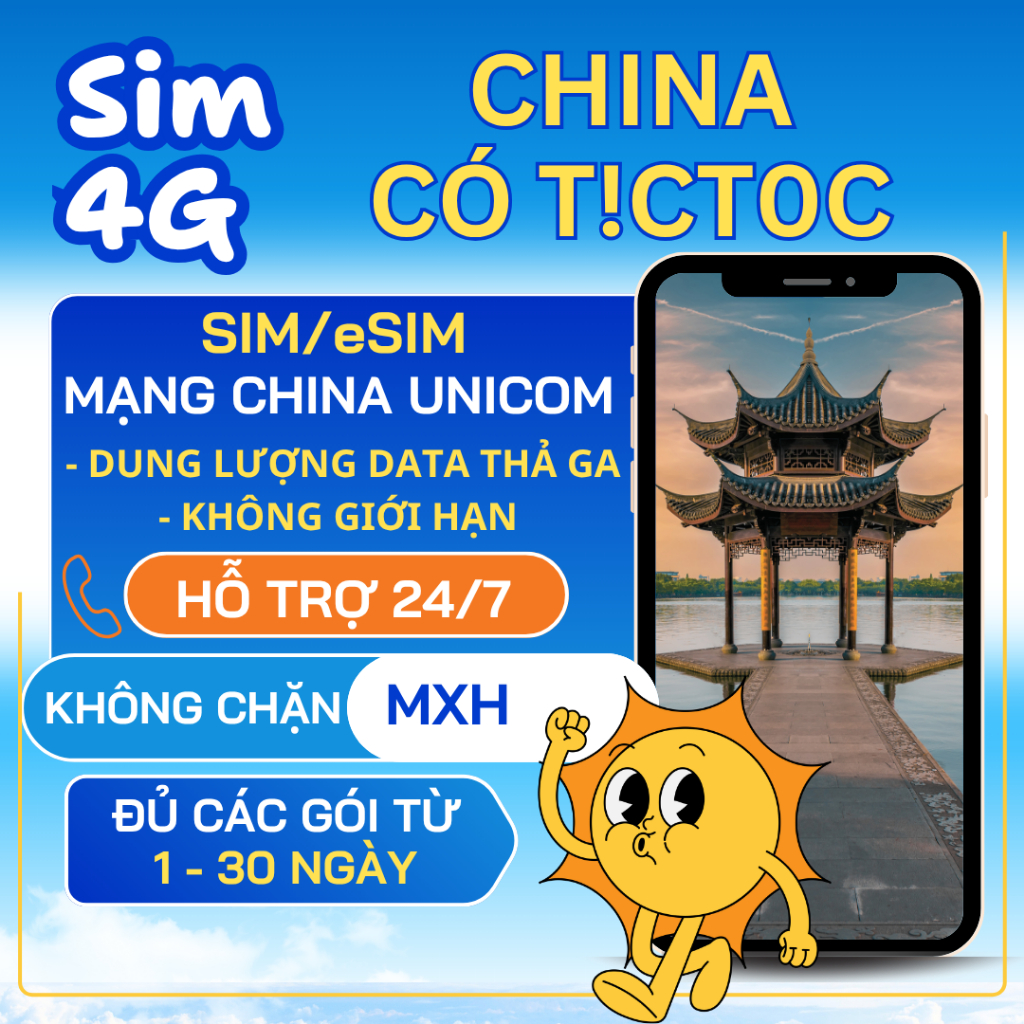 [Đọc mô tảT] Sim du lịch Trung Quốc - sim data China mạng Unicom CÓ TCT0C, hỗ trợ 24/7 - sim vật lý