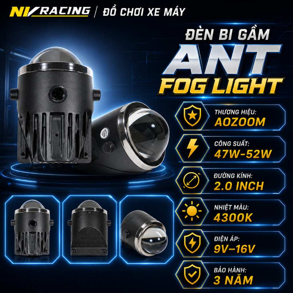 Đèn Bi Gầm Aozoom ANT Led Fog Light 2.0 Inch Chính Hãng 50W Sáng Trắng 2.0 Inch Gắn Xe Máy, Ô Tô