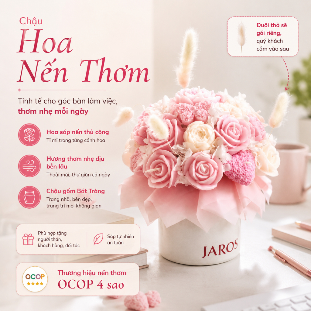 Chậu Hoa Nến Thơm Gốm JAROS CANDLE Thư Giãn Tinh Thần - Quà tặng đối tác, sinh nhật, trang trí