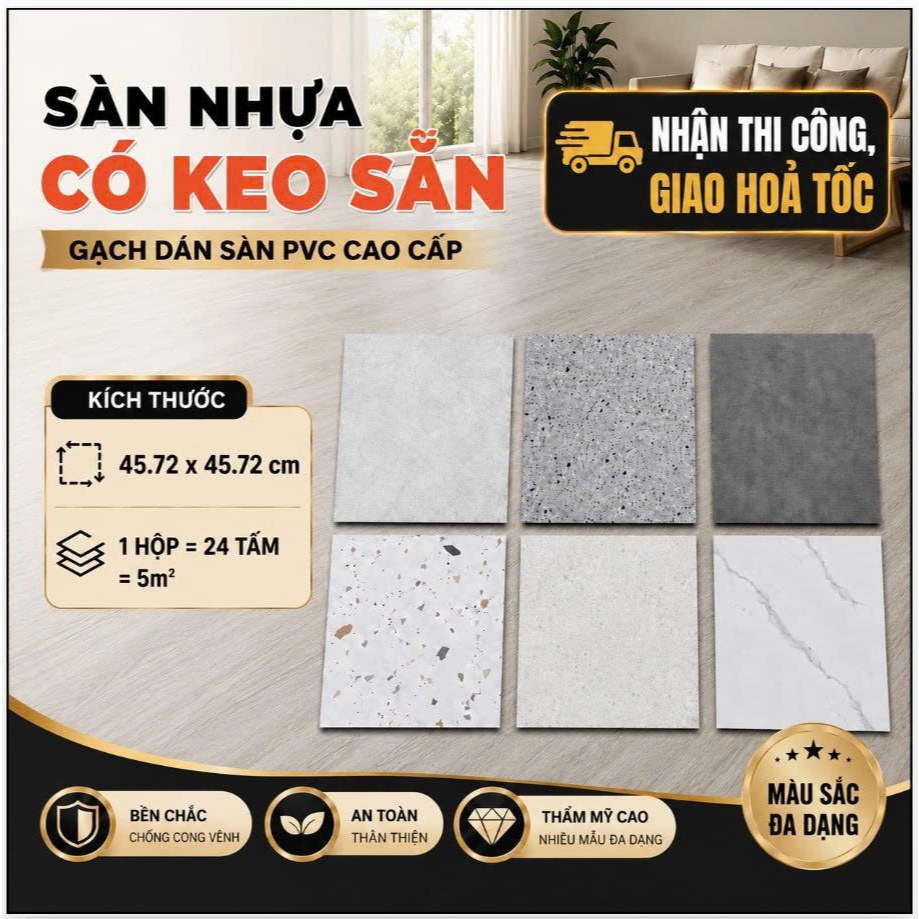 10m², 48 tấm, Sàn nhựa giả bê tông, 45.7 x 45.7cm, sàn nhựa giả gạch, Tấm dán sàn , sàn dán keo sẵn