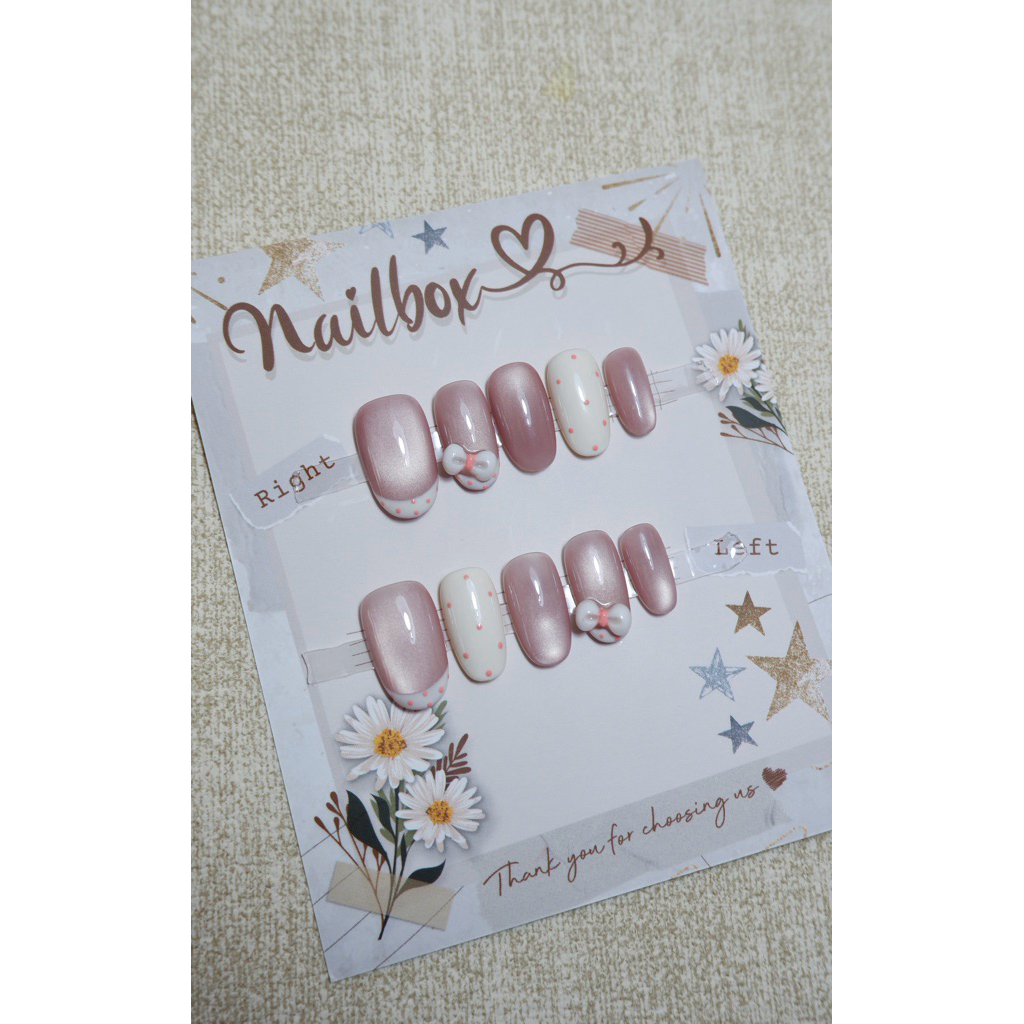 L020 - NAILBOX THIẾT KẾ - Nailbox mắt mèo tông hồng đính charm nơ
