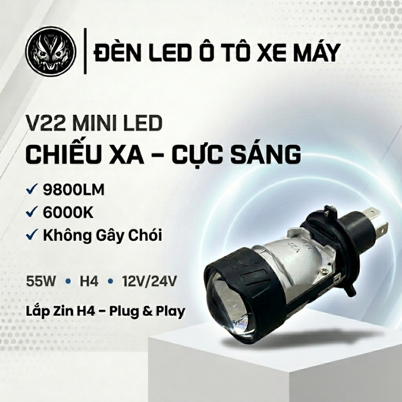 Đèn bi cầu V22 H4 cực sáng, 60W dễ dàng lắp đặt, lắp ô tô, xe máy thế hệ mới