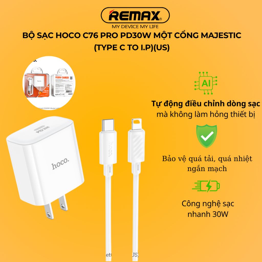 Bộ sạc Hoco C76 PRO PD30W một cổng MAJESTIC(TYPE C TO I.P)(US)