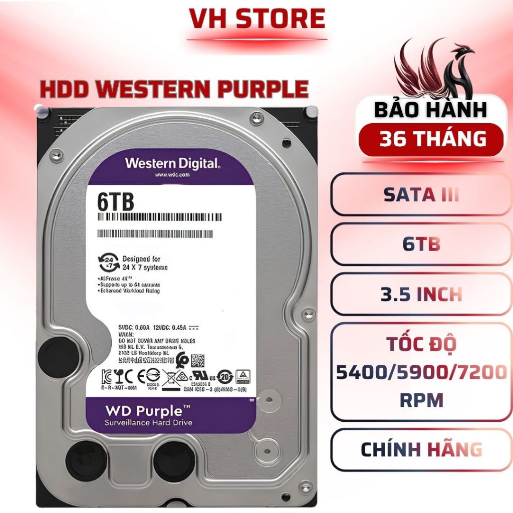Ổ Cứng HDD WD 6TB PURPLE SATA 3 256MB 5400RPM 3.5 Inch PC CHÍNH HÃNG - BẢO HÀNH 36 THÁNG - VHSTORE