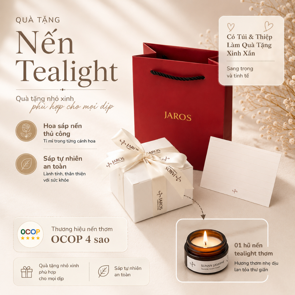 Quà tặng nến thơm mini 15ml JAROS Candle, có túi & thư tay, hộp quà thắt nơ