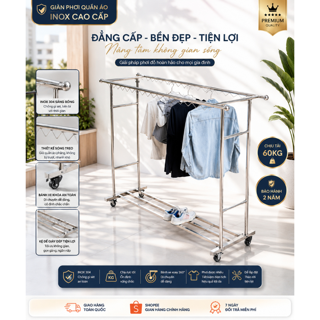 COMBO 2 Giàn Phơi Quần Áo Thông Minh Chất Liệu Inox 304 Chịu Lực 300kg Phơi Từ 50 Bộ Quần Áo - DH86