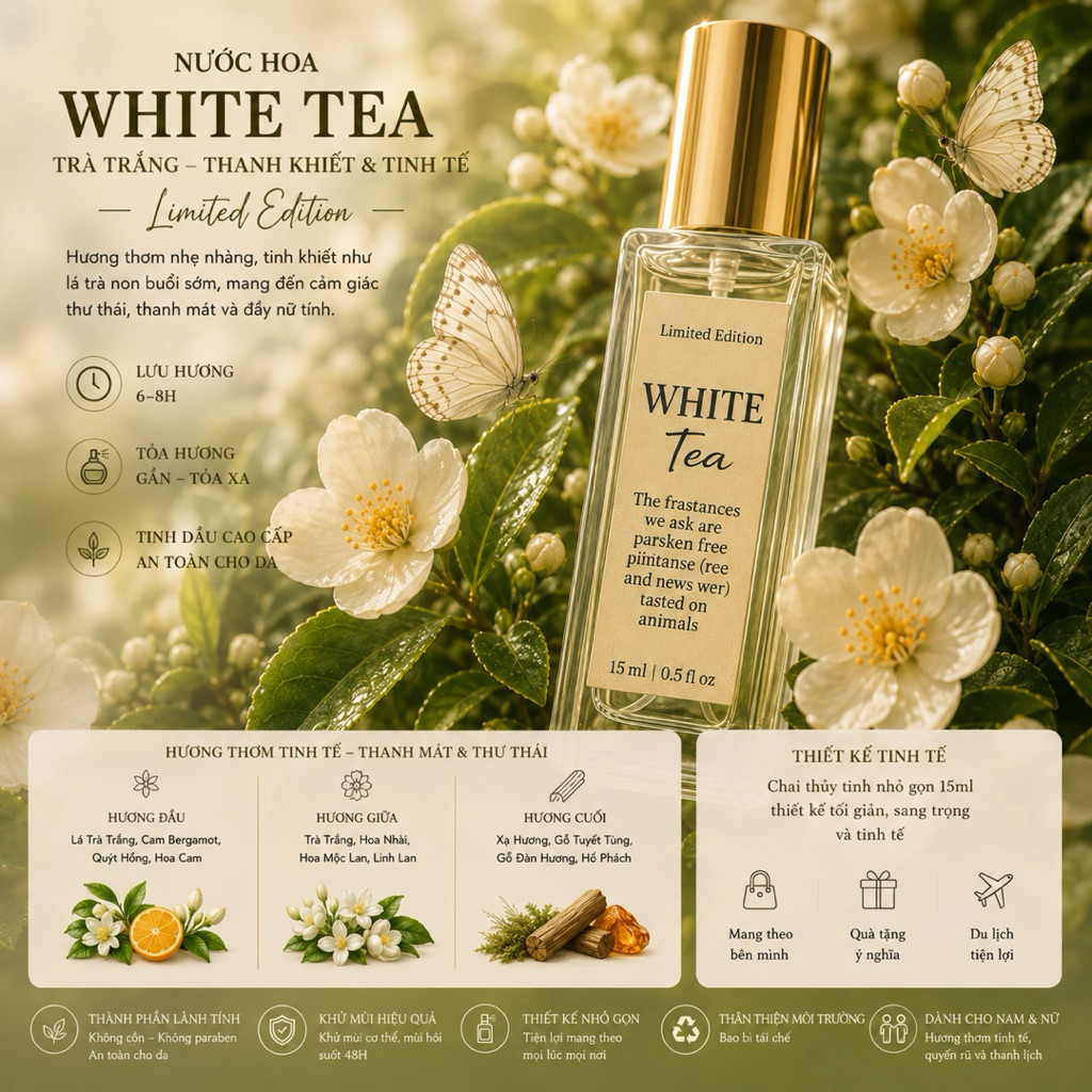 NƯỚC HOA WHITE TEA 15ML - TRÀ TRẮNG THANH MÁT DUYÊN DÁNG