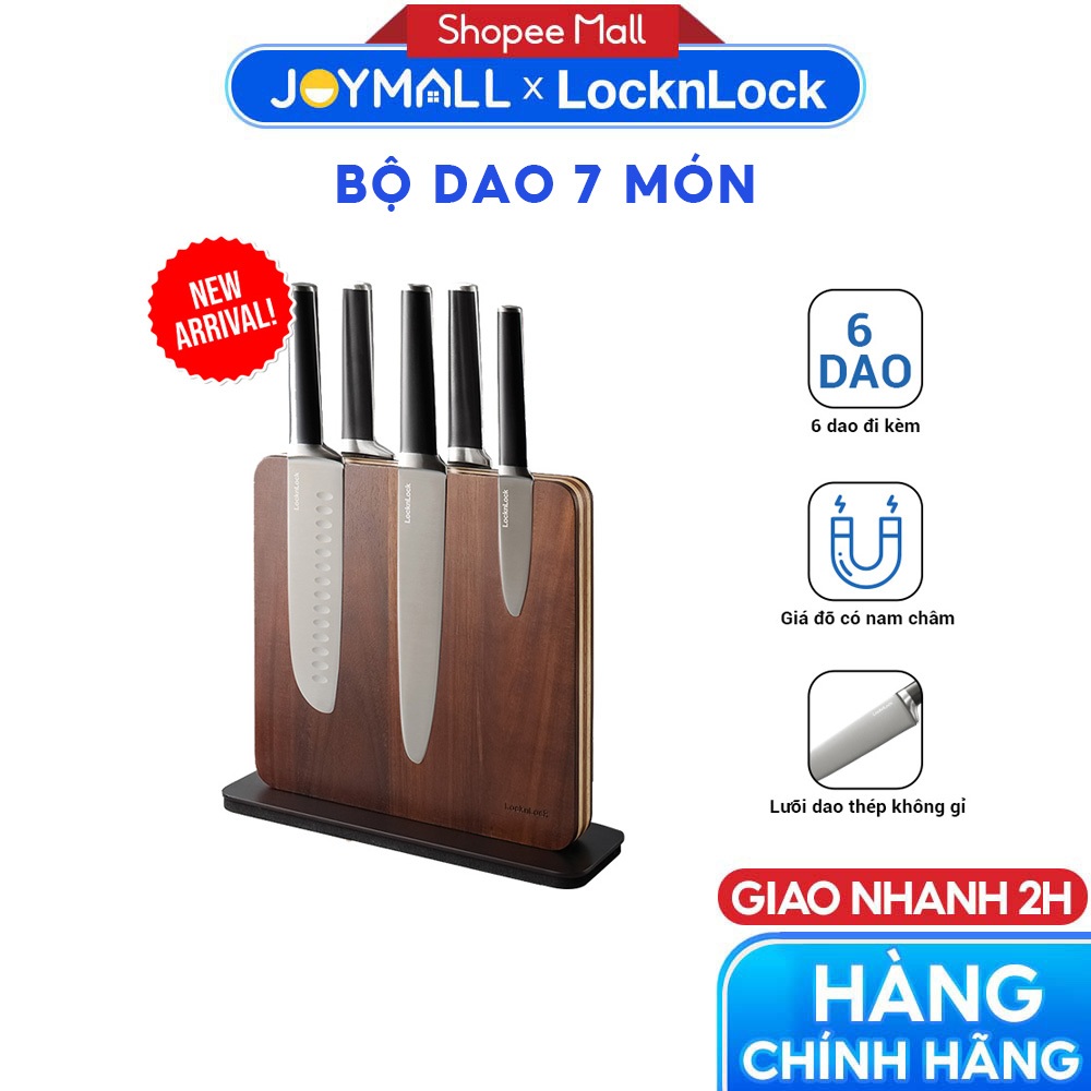 Bộ Dao 7 Món Cao Cấp LocknLock CKK804, Hàng Chính Hãng, Thép Không Gỉ, Khối Đỡ Nam Châm Gỗ - JoyMall
