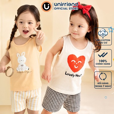 Bộ ba lỗ sát nách quần áo thun cotton mịn mặc nhà mùa hè cho bé trai và bé gái  Unifriend Hàn Quốc U2023-35