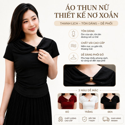 Áo thun nữ Evalover nơ cổ phối lụa, nhún eo kiểu dáng ôm chất cotton Nhật mềm mát