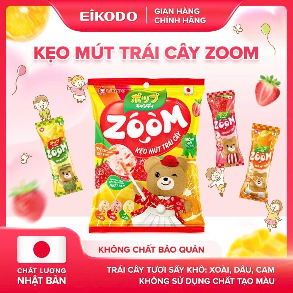 Kẹo Mút Trái Cây Zoom 72g Vị Cam Xoài Dâu Que giấy y tế Nhật Bản EIKODO