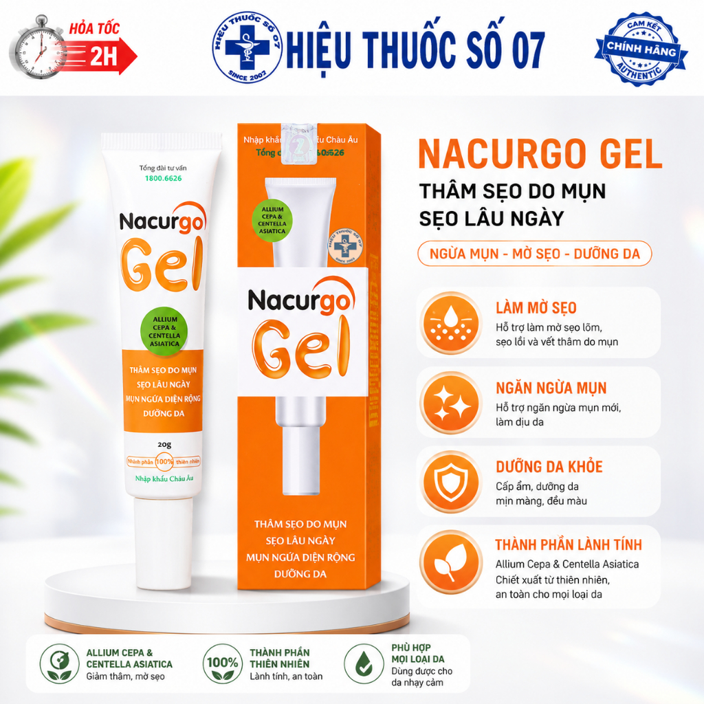 Gel ngừa sẹo Mụn, Thâm sẹo do Mụn và Mụn ngừa diện rộng Nacurgo Gel ( 20g)