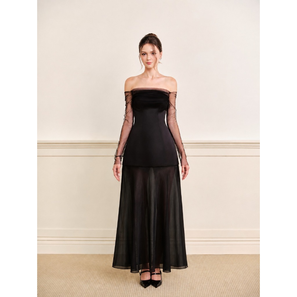 THOSE STUDIOS Đầm trễ vai dáng dài màu đen phối tay lưới sang trọng trang nhã Sephira Dress