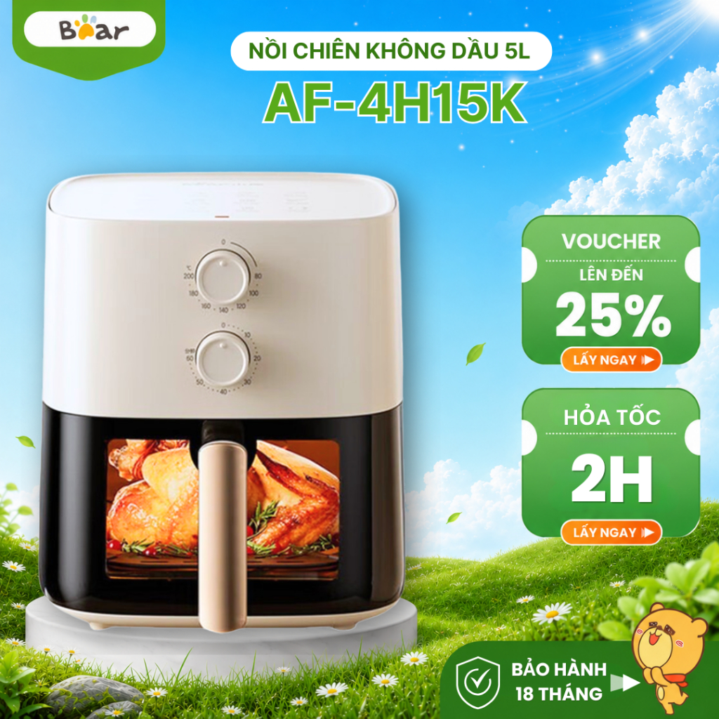 Nồi chiên không dầu Bear QZG-J15M1, Dung tích 5 lít, Công suất 1500W dòng cơ, Tháo rời, BH 18 Tháng
