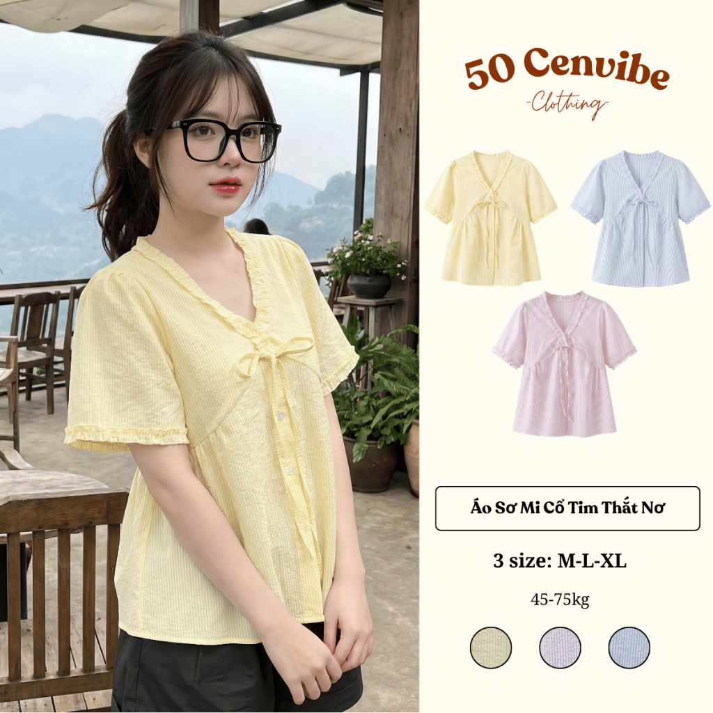Áo Sơ Mi Nữ Cổ Tim Bèo Buộc Nơ Dáng Babydoll Có Bigsize 45-75kg Phong Cách Korea (50 Cenvibe Clothin