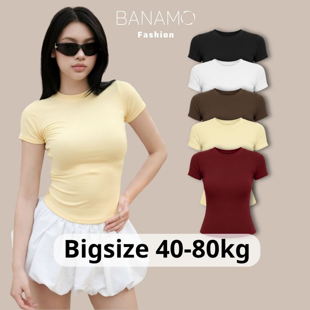 Áo thun nữ BIGSIZE Banamo Fashion áo cổ tròn cộc tay ôm body co giãn 4 chiều mềm mịn basic dễ phối đồ 395 | BigBuy360 - bigbuy360.vn